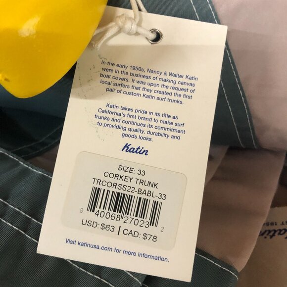 Katin Mens Waterman Trunk Surf Board Shorts Nylon Green Beige Size 33 - Picture 3 of 3